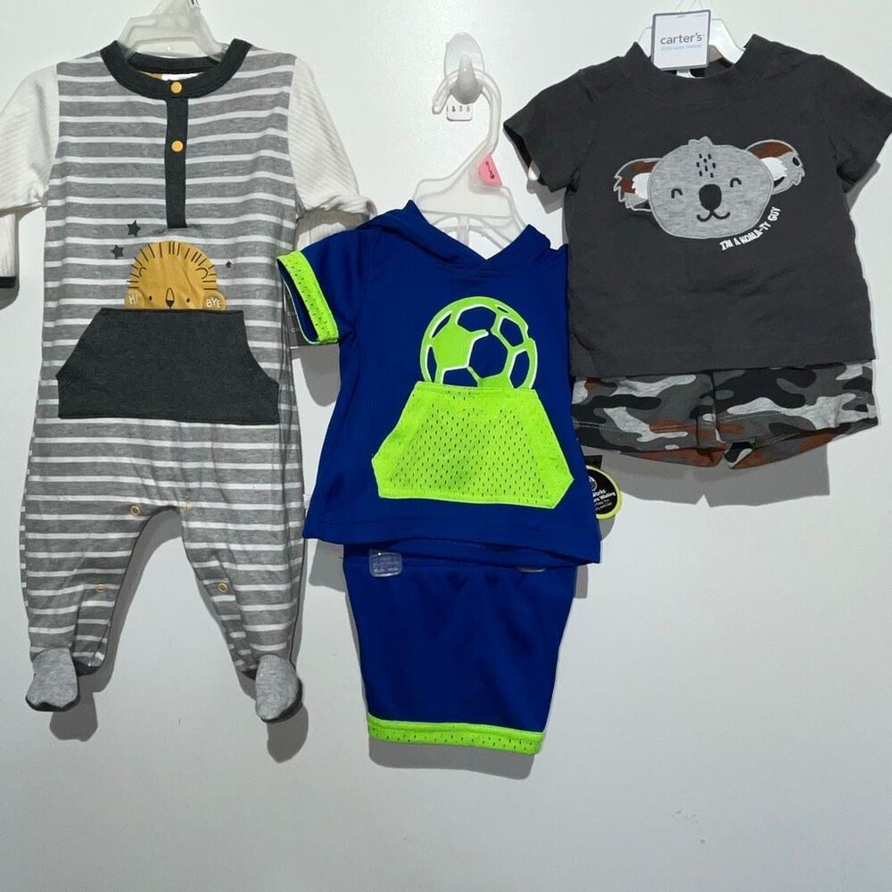 Lot of 3 Carter’s Baby Footie Hoodie & Shorts Tee &‎ Camo Shorts 0-3 Months NWT